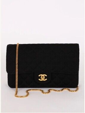 Chanel Authentic 24k Gold Plated Single Flap Jersey Shoulder/Crossbody Bag Black
